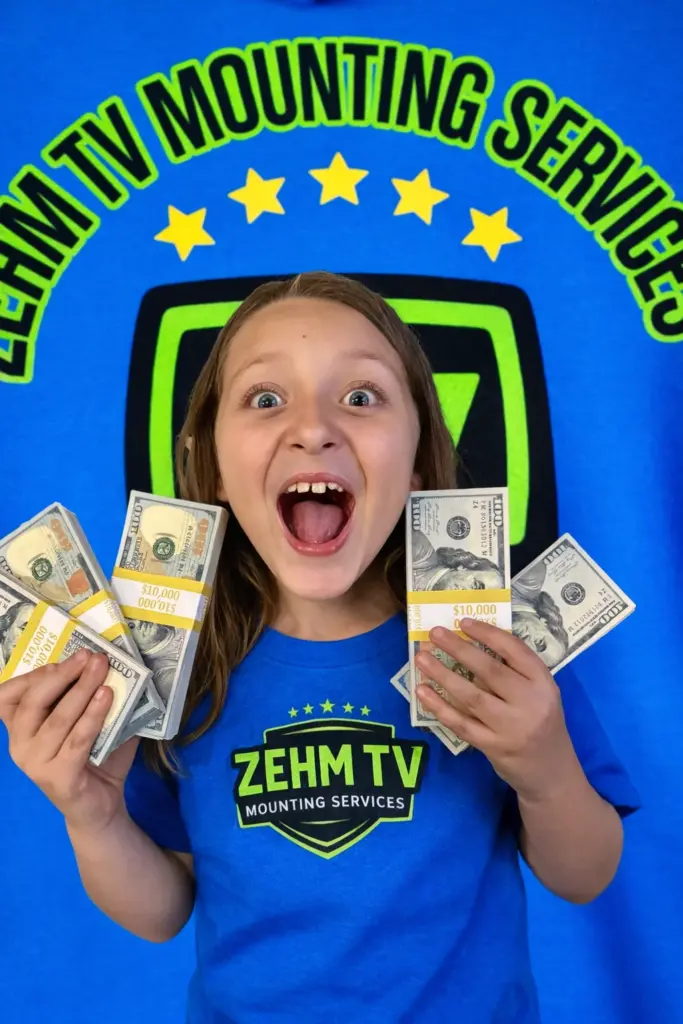 Hazel Grace holding stacks of cash while wearing a Zehm TV Mounting Services shirt to show customers how much money they can save choosing ZehmTV over competitors.