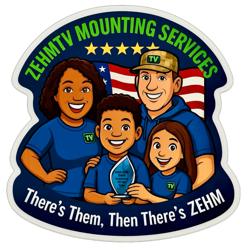 Cartoon style Zehm TV Mounting Services family logo featuring Alex, Jenae, Peyton, and Hazel Grace holding the BBB Small Business of the Year award.