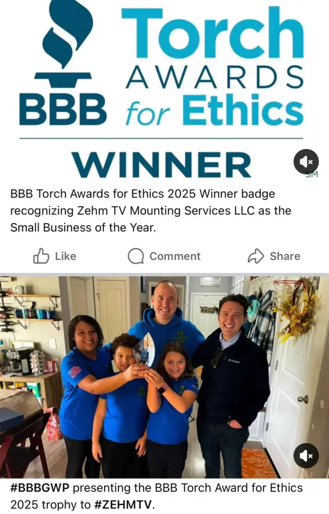 BBB Torch Awards for Ethics 2025 Winner recognition featuring the ZehmTV Mounting Services family holding their award trophy.