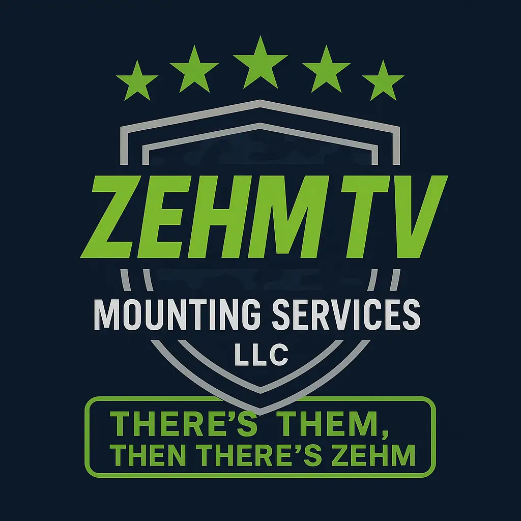 ZehmTV Mounting Services LLC official company logo with neon green lettering and shield emblem on dark blue background
