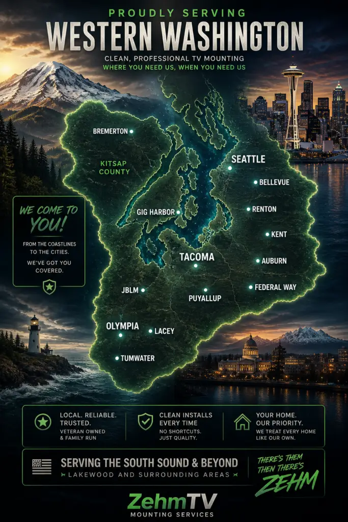 ZehmTV Western Washington service area map featuring professional TV mounting coverage throughout Seattle, Tacoma, Olympia, Kitsap County, and surrounding communities