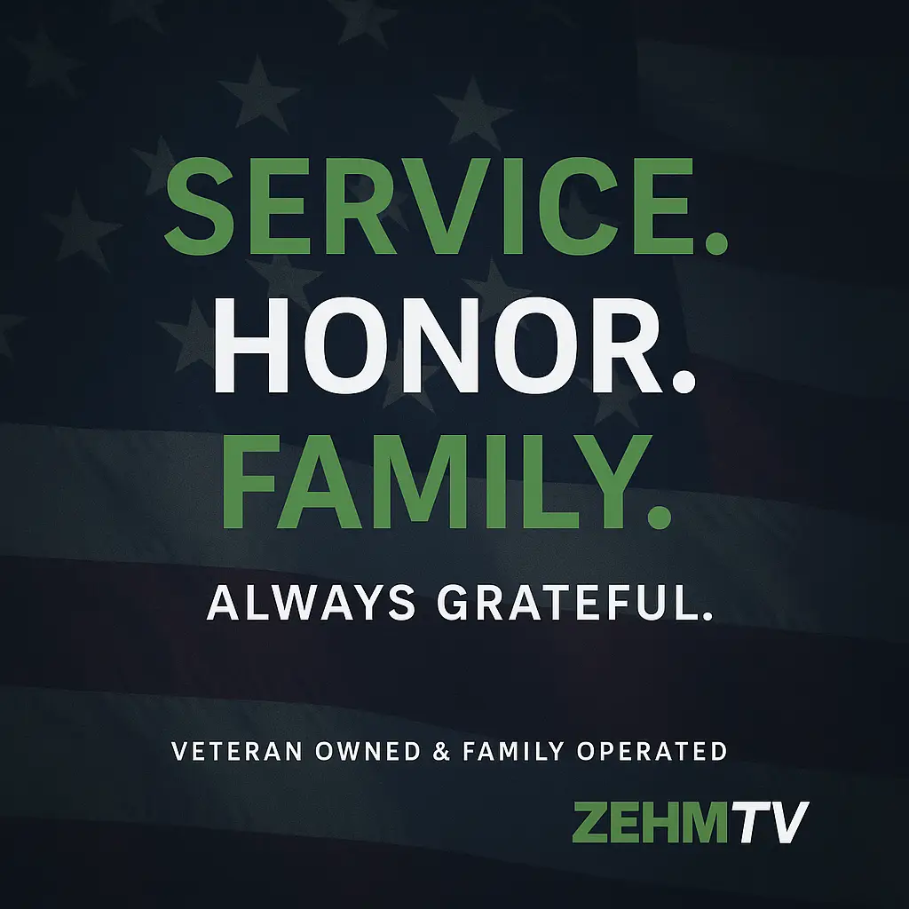 ZehmTV veteran owned and family operated business graphic featuring service, honor, and family values over an American flag background