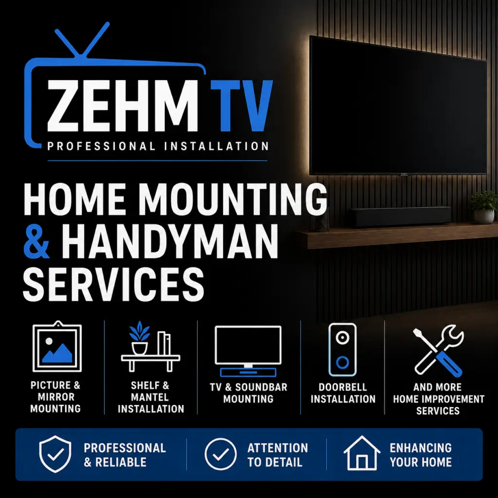 ZehmTV home mounting and handyman services promotional graphic featuring TV mounting, shelf installation, mirror mounting, and home improvement services