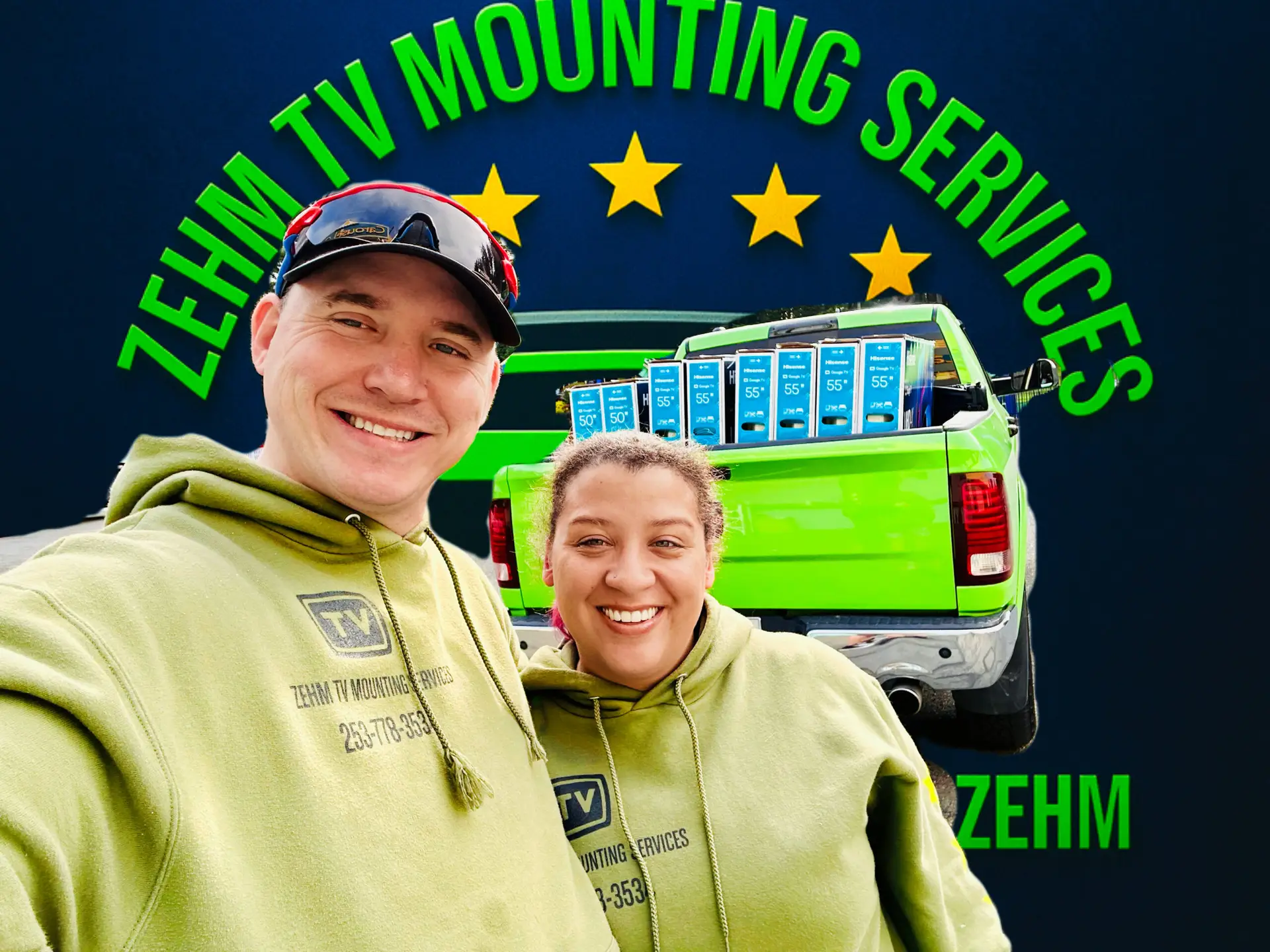 Alex and Jenae Zehm wearing ZehmTV hoodies in front of branded work truck loaded with TVs and installation equipment