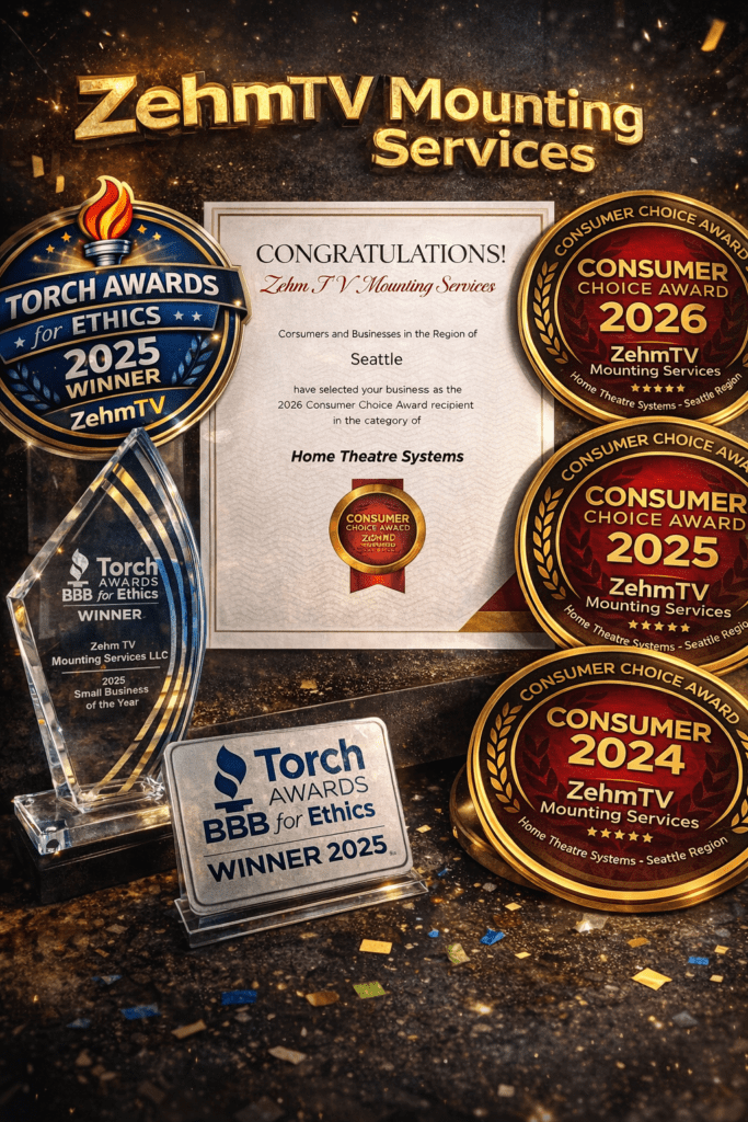 ZehmTV Mounting Services awards including BBB Torch Award for Ethics Winner 2025 and Consumer Choice Awards 2024 2025 and 2026
