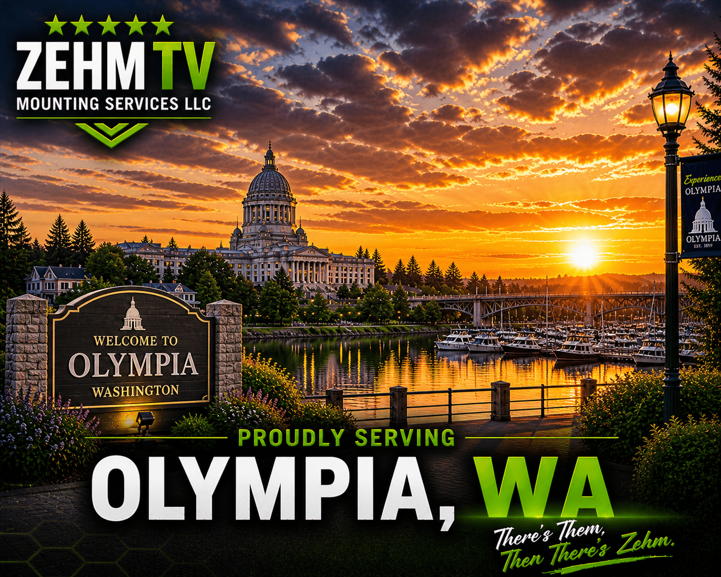 ZehmTV Mounting Services proudly serving Olympia, Washington with scenic Pacific Northwest skyline, Washington State Capitol building, evergreen trees, and dramatic sunset atmosphere.