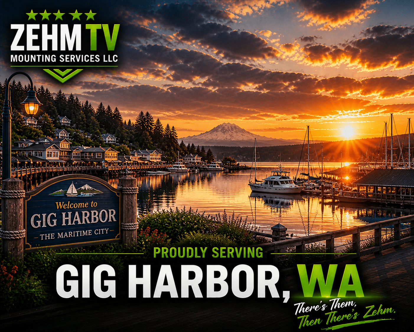 Gig Harbor, Washington city graphic featuring waterfront scenery and premium TV mounting branding for ZehmTV Mounting Services LLC with a modern Pacific Northwest home entertainment aesthetic.
