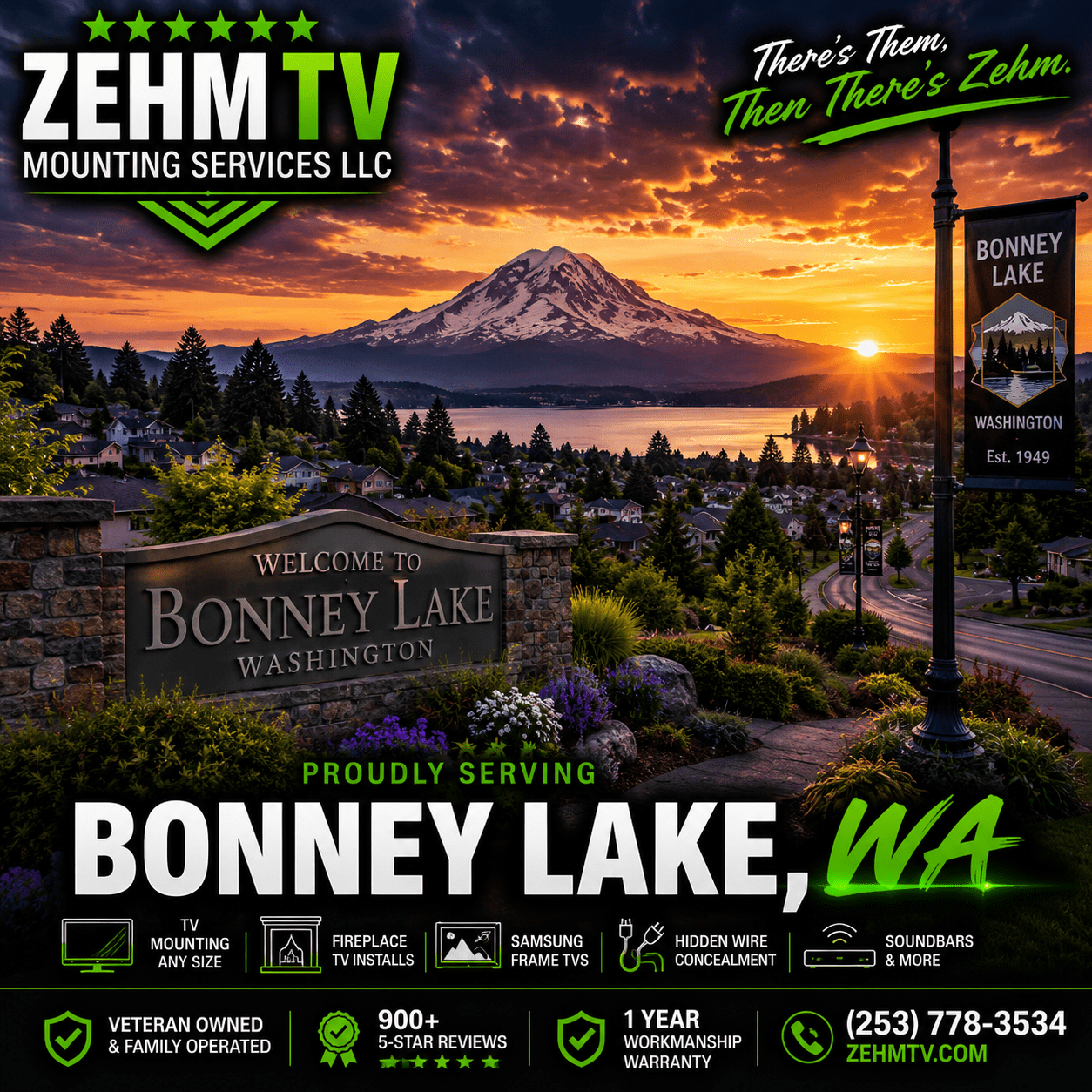 ZehmTV Mounting Services proudly serving Bonney Lake, Washington with scenic Mount Rainier views, Pacific Northwest sunset skies, and modern residential neighborhoods.