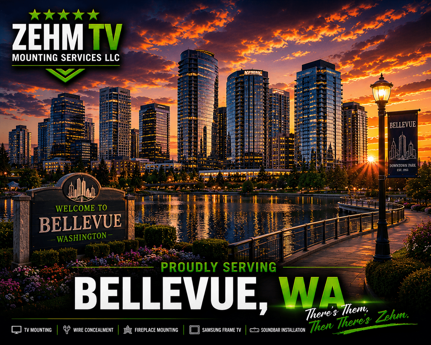 Bellevue skyline at sunset with a professionally mounted TV living room scene blended into the cityscape, representing ZehmTV Mounting Services in Bellevue, Washington.
