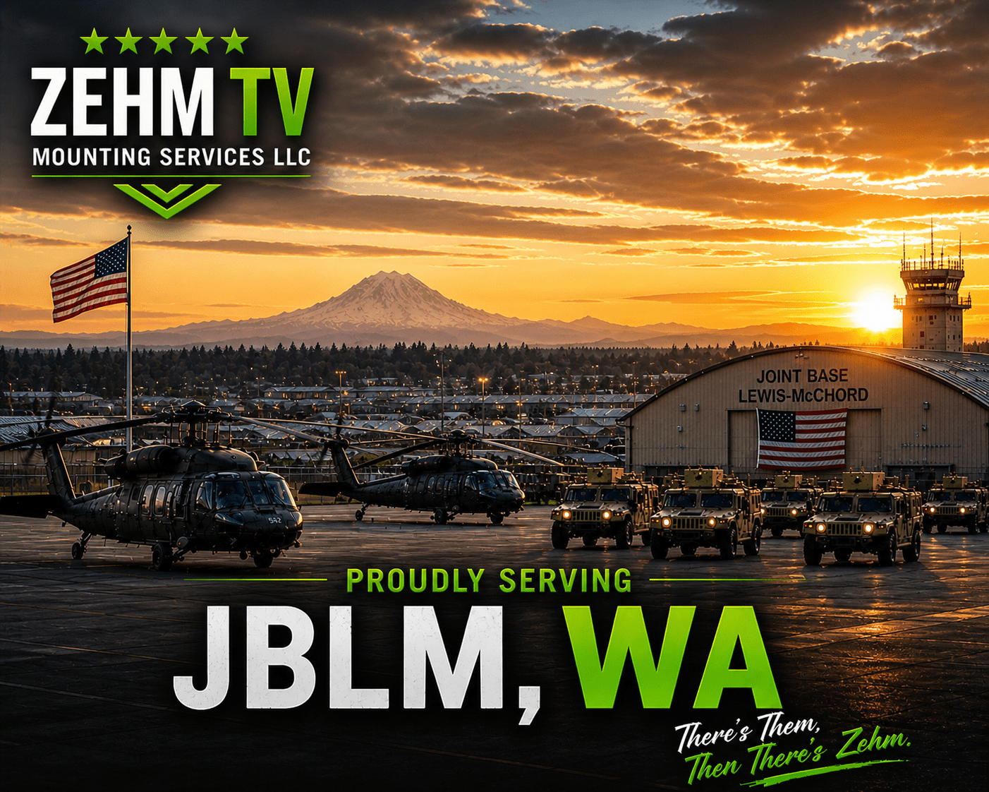 JBLM Washington military-themed city graphic representing professional TV mounting services by ZehmTV Mounting Services LLC with patriotic Pacific Northwest visuals and modern home entertainment branding.