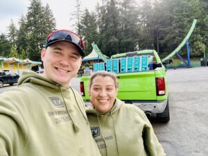 Alex and Jenae Zehm preparing for a commercial TV installation at Wild Waves Theme Park in Federal Way WA