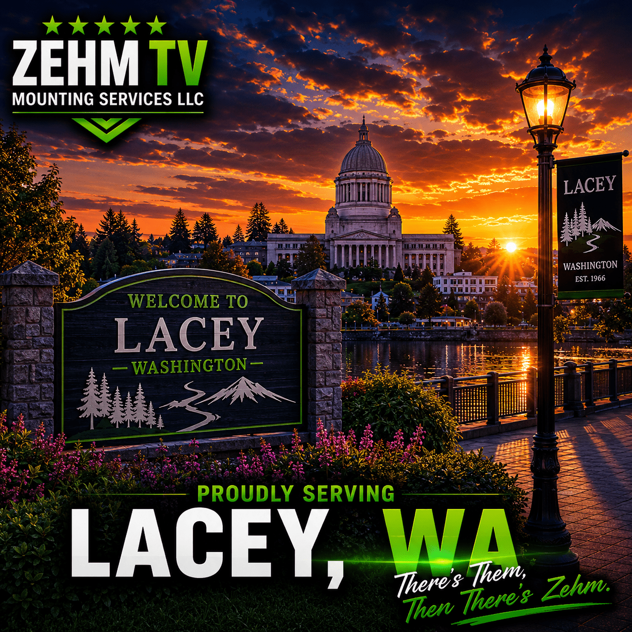 ZehmTV Mounting Services proudly serving Lacey, Washington with dramatic sunset skyline, Capitol building, waterfront view, and Mount Rainier in the background.