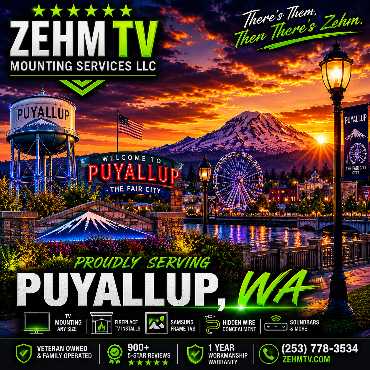 ZehmTV Mounting Services proudly serving Puyallup, Washington with Mount Rainier, the Puyallup Fair, waterfront skyline, and dramatic sunset background.