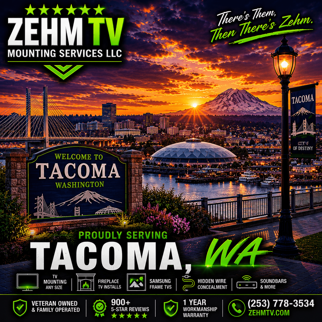ZehmTV Mounting Services proudly serving Tacoma, Washington with Mount Rainier, Tacoma Dome, waterfront skyline, and dramatic sunset cityscape.