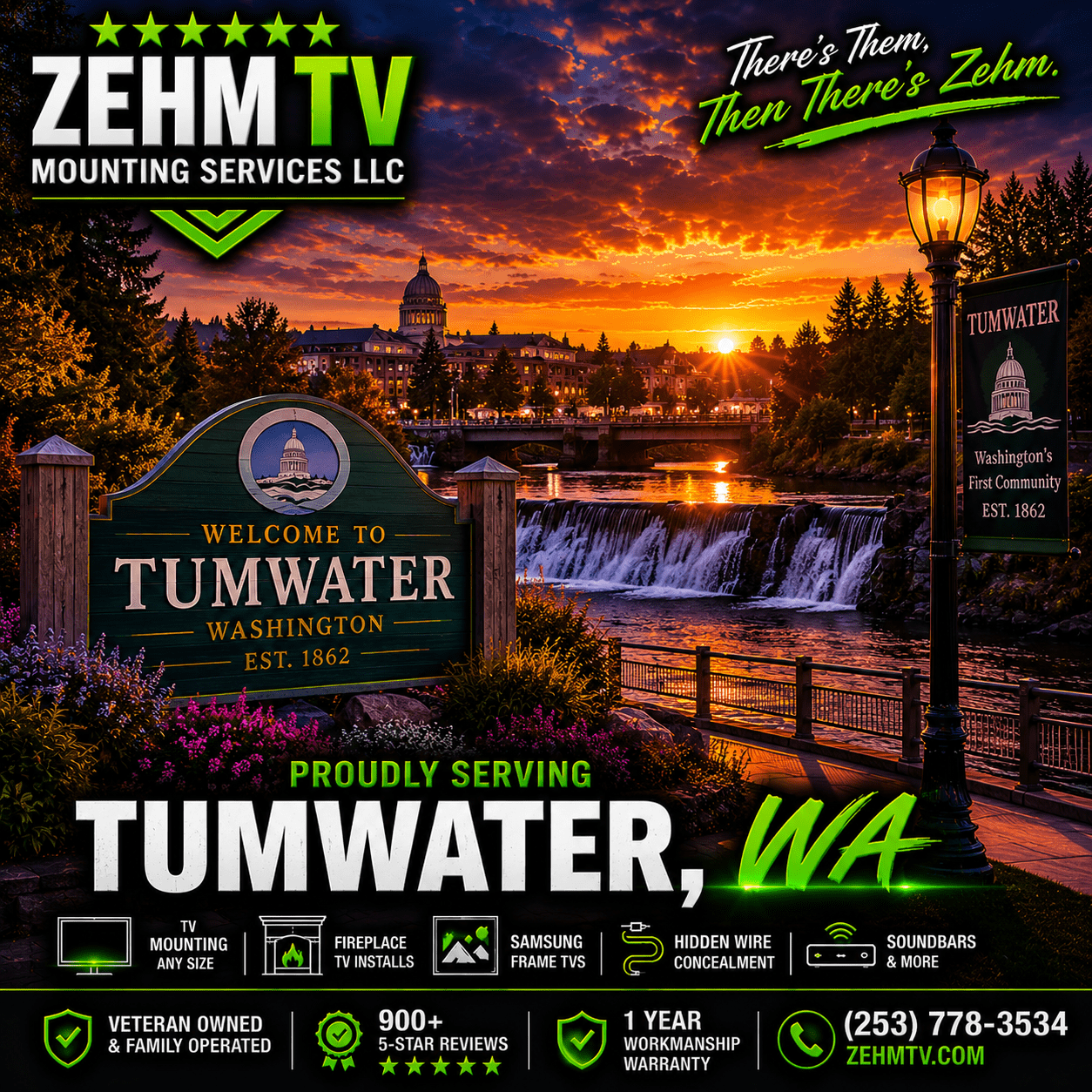 ZehmTV Mounting Services proudly serving Tumwater, Washington with scenic Pacific Northwest landscape, Capitol area atmosphere, evergreen trees, and dramatic sunset skyline.