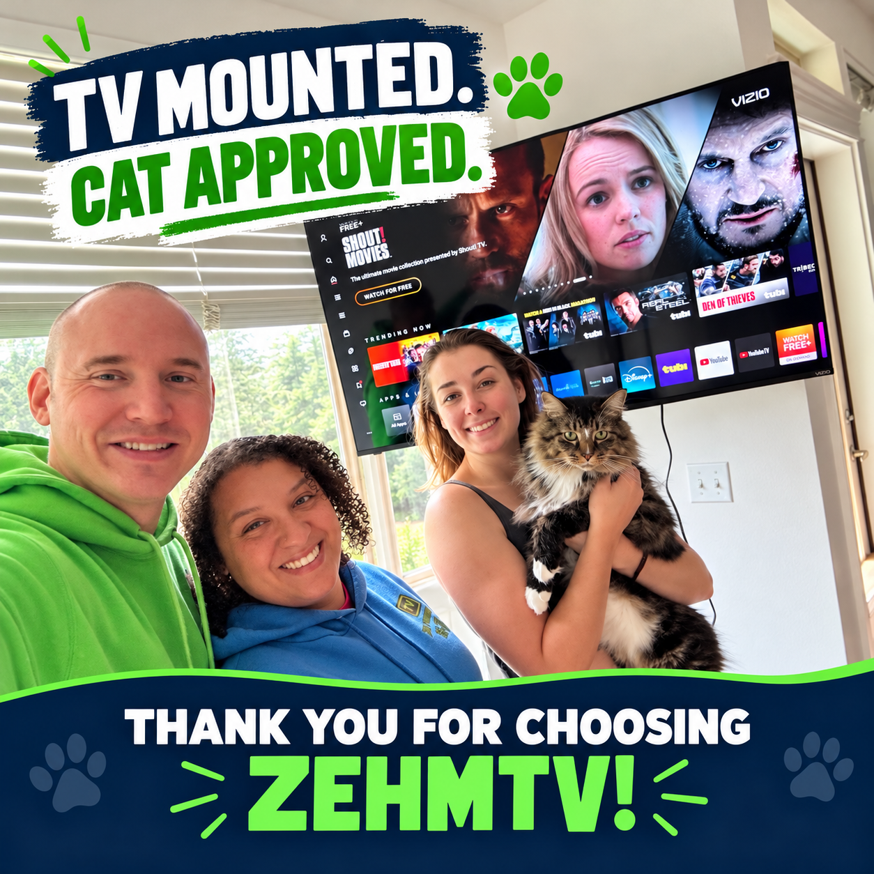 Alex and Jenae of ZehmTV with a Lacey customer holding her cat beside the newly mounted TV